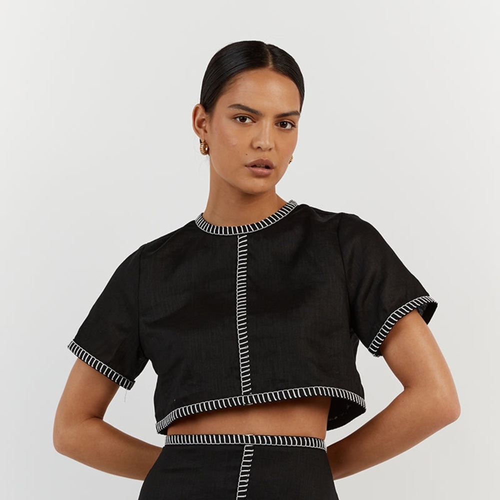 DISSH Black Cropped Top with White Contrast Stitching